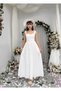 Women's White Dress with Scallop Texture, Straps, Heart Collar, Gathered Long Dress - 5