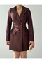 Women's Coffee Color Double Breasted Jacket Dress Lace-Up Waist Gathered Long Sleeve Mini - 2