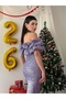Women's Lilac Strapless Sequined Ruffle Detailed Boat Neck Midi Evening Dress - 3