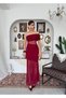 Women's Burgundy Tulle Dress Strapless Neckline Gathered Transparent Detailed Long Evening Dress - 6