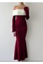 Women's Burgundy Long Dress Off Shoulder Contrast Collar Long Sleeve Fish Cut - 7