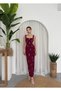 Women's Burgundy Midi Dress with Square Collar, Stone Detail, Straps and Body-Fitting Fit - 4