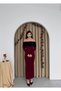 Women's Burgundy Midi Dress Strapless Collar Feather Detailed Long Sleeve Slim Fit - 6