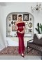 Women's Burgundy Tulle Dress Strapless Neckline Gathered Transparent Detailed Long Evening Dress - 4