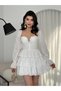 Women's Ecru Mini Dress with Scallop Embroidery, Lace-Up Chest, Layered Skirt, Long Sleeves - 3
