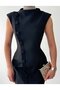 Women's Black Mini Dress with Asymmetrical Buttons, Padded Shoulders, Atlas Texture - 3