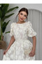 Women's White Midi Dress with Crew Neck, Floral Appliqué, Balloon Sleeves and Back Tie - 5