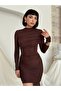 Women's Coffee Mini Dress Draped Gathered Long Sleeve High Collar Bodycon - 3