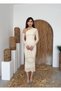 Women's Beige One-Shoulder Lace Long Sleeve Fitted Midi Dress - 7