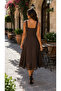 Timeless Elegance - Women's Square Neck Laser Cut Hem Detailed Waist Fitted Flared Midi Dress - 6