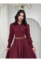 Women's Burgundy Poplin Shirt Collar Long Sleeve Buttoned Cover Detailed Midi Dress - 3