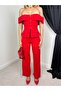 Women's Red Blouse Trousers Set Carmen Collar Buttoned Pocket Flap Wide Leg - 3