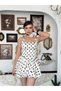 Women's Ecru Mini Dress Polka Dot Halter Neck Gathered Balloon Skirt Satin