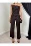 Women's Coffee Color Top and Bottom Set Strapless Draped Blouse and High Waist Wide Leg Pants Set - 5