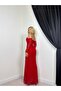 Women's Red Strapless Lace Gathered Fishtail Long Evening Dress - 5