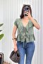 Women's Khaki Lace Detailed Tie-Up V-Neck Flounce Peplum Blouse - 3