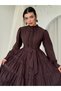 Women's Coffee Color Midi Dress with Stand Collar, Ruffle Detail, Belted, Buttoned, Lace Trim - 6