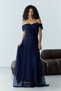 Navy Blue Strapless Boat Neck Long Flared Lace Evening Dress