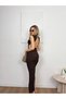 Women's Brown Ribbed Knitwear Backless Gathered Slit Long Tight Dress - 6