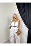 Women's White Blouse Pants Set Thin Straps Ruffle Crop High Waist Wide Leg - 3