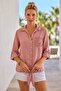 Salmon Color Shirt Collar 3/4 Sleeves Buttoned Waist Tie Back Brodered Cotton Woven Blouse 65 60 - 7