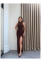 Halter Neck Waist Drape Slit Dress - 4