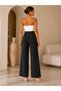 Women's Black High Waist Double Buttoned Wide Leg Palazzo Fabric Trousers - 3