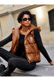 Women's Tan Leather Look Hooded Mid-Length Vest - 3