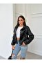 Women's Leather Look Snap-Fastener Leather Coat - 3