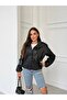 Women's Leather Look Snap-Fastener Leather Coat - 2