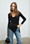 Enissia Women's Deep V Neck Stretchy Fabric Bodycon Black Blouse - 2