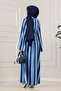 Thick Striped High Collar Dress-Dark Blue - 4