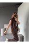 Women's Brown Poplin Detailed Double Suit with Zipper Zero Sleeve Vest Cotton Modal Wide Leg Pants - 3