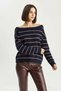 Women's Bardot Collar Striped Knitwear Navy Blue Burgundy Sweater - 4