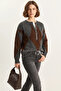 Women's Buttoned Diamond Patterned Basic Knitwear Anthracite Brown Sweater - 6