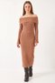 Women's Madonna Collar Spanish Sleeve Ribbed Camel Dress - 4