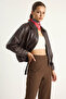 Women's Oversize Buckle Leather Brown Jacket - 2