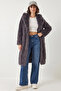 Women's Long Fur-Lined Anthracite Coat - 2