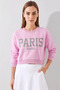 Women's Paris Printed Three Thread Ribbed Candy Pink Sweatshirt - 5
