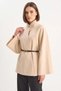 Women's Gold Button Detailed Stand Collar Belted Poncho Beige - 4