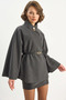 Women's Gold Button Detailed Stand Collar Belted Poncho Anthracite - 4