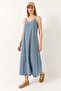 Women's Thin Strap Long Denim Ice Blue Dress - 3