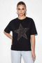 Women's Stone Embroidered Star Detailed Oversize Cotton T-Shirt Black - 2