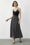 Women's Pleated Detailed Belted Slit Midi Length Anthracite Skirt - 4