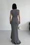 Women's Stoned Scuba Diving Fabric Double Breasted Collar Skirt Flounce Evening Dress Graduation Wedding Dress - 4