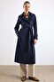Cape Detailed Double-Breasted Water-Repellent Trench Coat Dark Blue 6890 - 2
