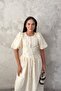 Beige Embroidered Balloon Sleeve Gathered Dress - 2