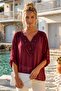 Italian Burgundy Lace Collar 3/4 Sleeve Lined Elastic Waist Sequined Silk Woven Blouse 65 70