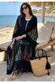 Black Ethnic Patterned Loose Kimono Kaftan - Standard Size