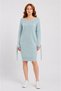 Women's Knitwear V-Neck Long Sleeve Blue Dress with Slit Detail